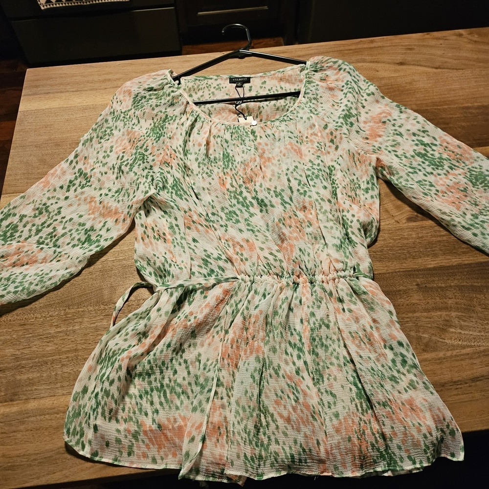 Boho Talbots Sheer Romantic Style Pink/Green Floral Top. Front Keyhole. Sz 12